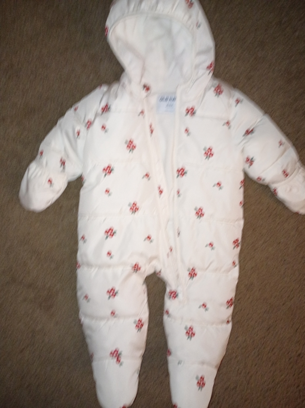Old Navy White Puffer One-Piece Snowsuit with Red Floral Print